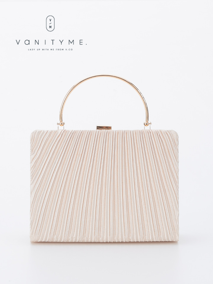 haremode ハレモード フォーマル プリーツ メタルハンド パーティーバッグ ベージュ・シルバー・ブラック vim-am-5073