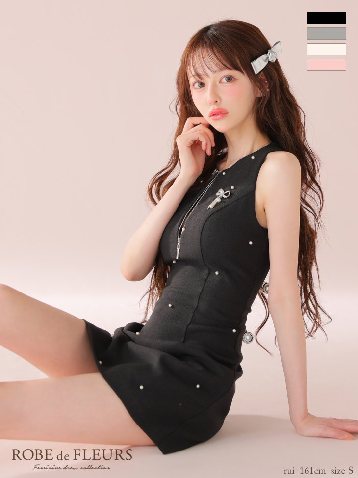 ROBE de FLEURS ローブドフルール リボンビジューノースリーブタイトミニキャバドレス fm4214