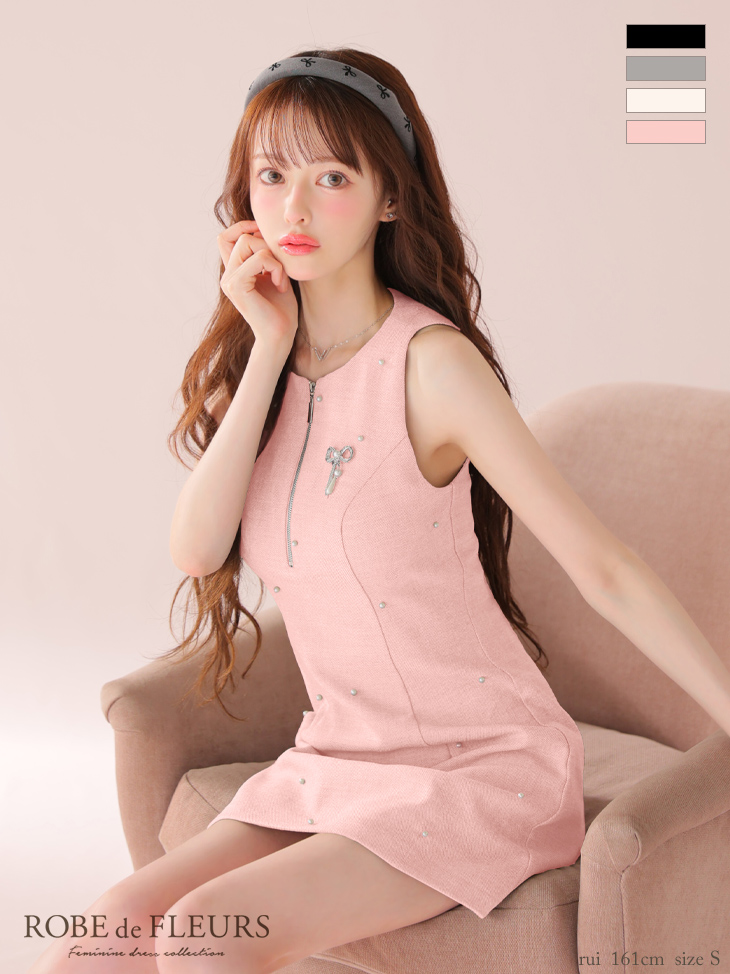 ROBE de FLEURS ローブドフルール リボンビジューノースリーブタイトミニキャバドレス fm4214