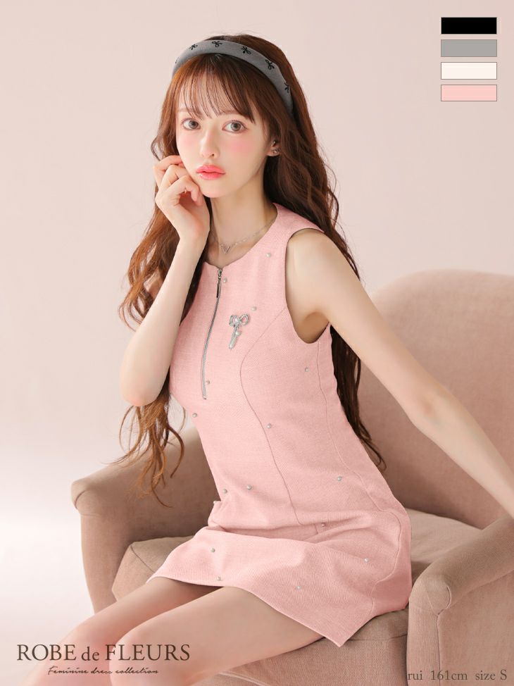 ROBE de FLEURS ローブドフルール リボンビジューノースリーブタイトミニキャバドレス fm4214