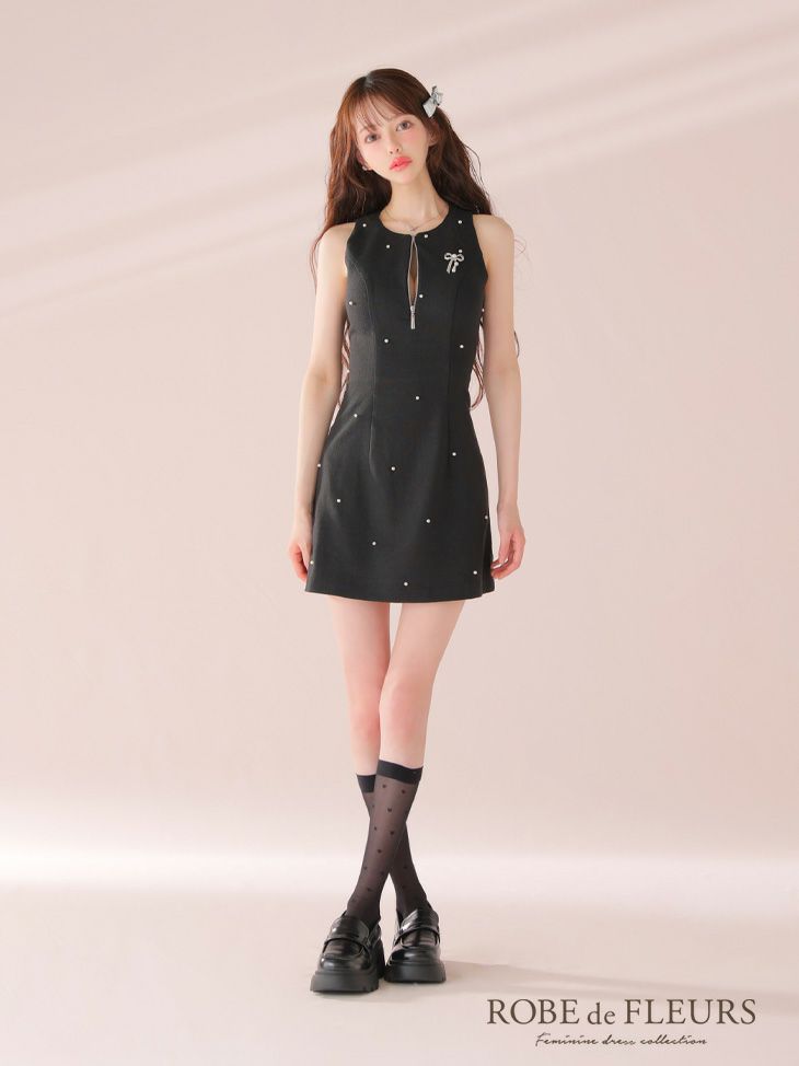 ROBE de FLEURS ローブドフルール リボンビジューノースリーブタイトミニキャバドレス fm4214