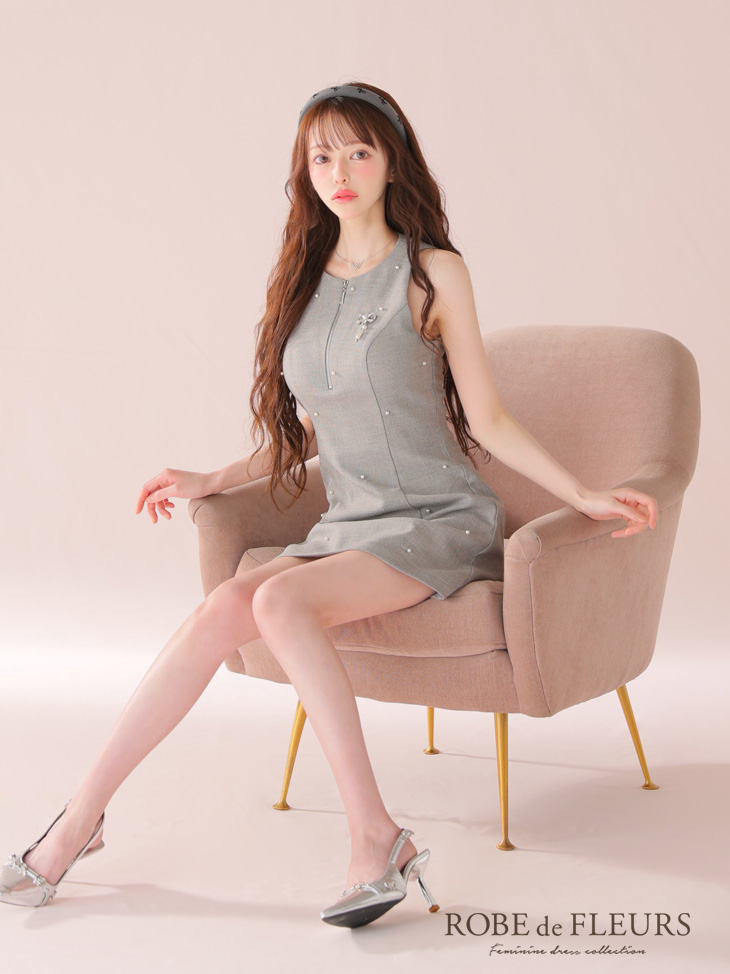 ROBE de FLEURS ローブドフルール リボンビジューノースリーブタイトミニキャバドレス fm4214