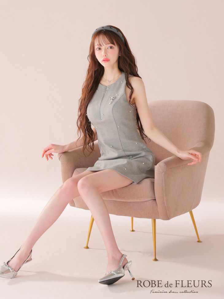 ROBE de FLEURS ローブドフルール リボンビジューノースリーブタイトミニキャバドレス fm4214