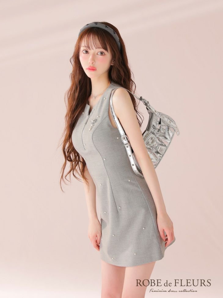 ROBE de FLEURS ローブドフルール リボンビジューノースリーブタイトミニキャバドレス fm4214