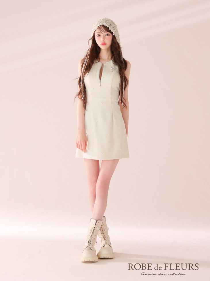 ROBE de FLEURS ローブドフルール リボンビジューノースリーブタイトミニキャバドレス fm4214