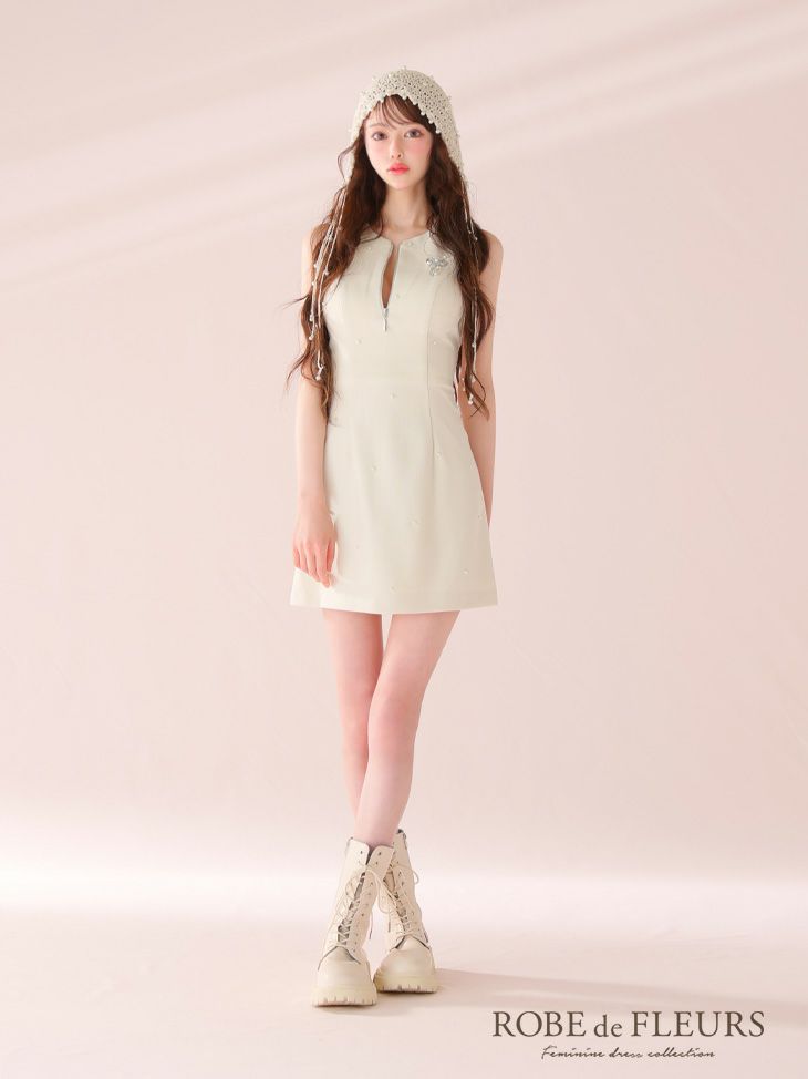 ROBE de FLEURS ローブドフルール リボンビジューノースリーブタイトミニキャバドレス fm4214