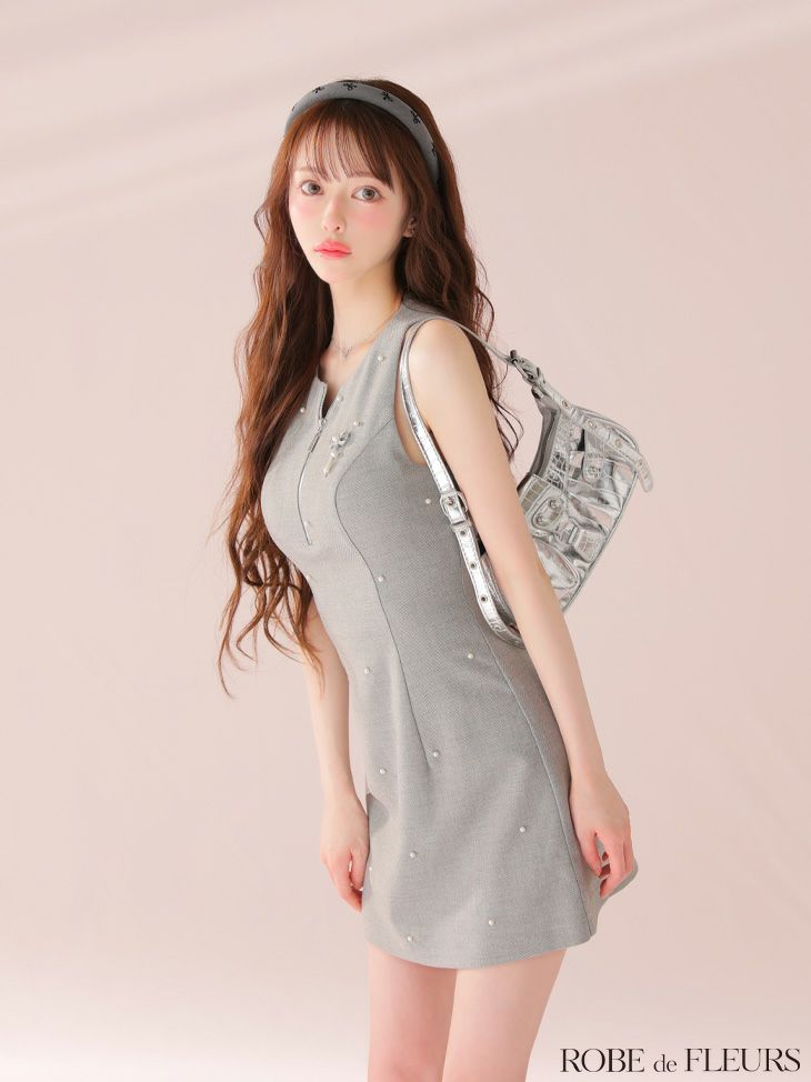 ROBE de FLEURS ローブドフルール リボンビジューノースリーブタイトミニキャバドレス fm4214-c