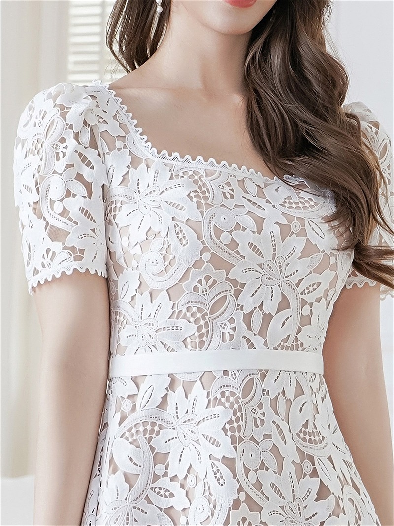 ERUKEI エルケイ ホワイト スクエアネック・総レース・半袖・Aライン・ミニドレス・ワンピース ek-e25050