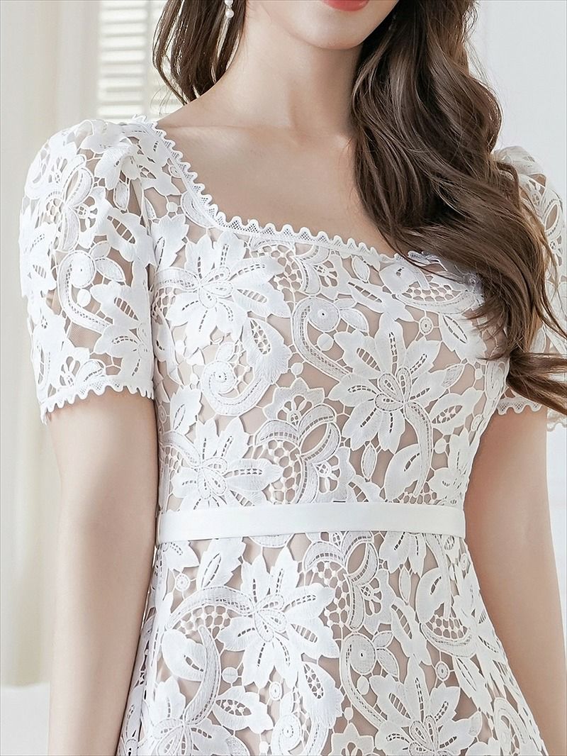 ERUKEI エルケイ ホワイト スクエアネック・総レース・半袖・Aライン・ミニドレス・ワンピース ek-e25050