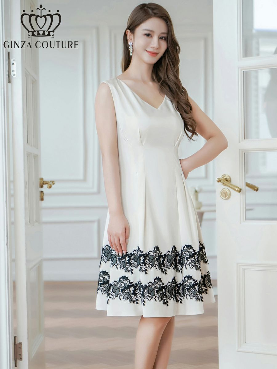 ERUKEI エルケイ ホワイト ノースリーブ・Vネック・タック・サテン・裾レース・Aライン・ミディアムドレス・ワンピース ek-c24042