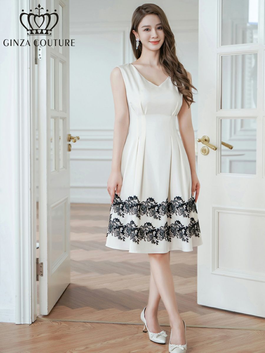 ERUKEI エルケイ ホワイト ノースリーブ・Vネック・タック・サテン・裾レース・Aライン・ミディアムドレス・ワンピース ek-c24042