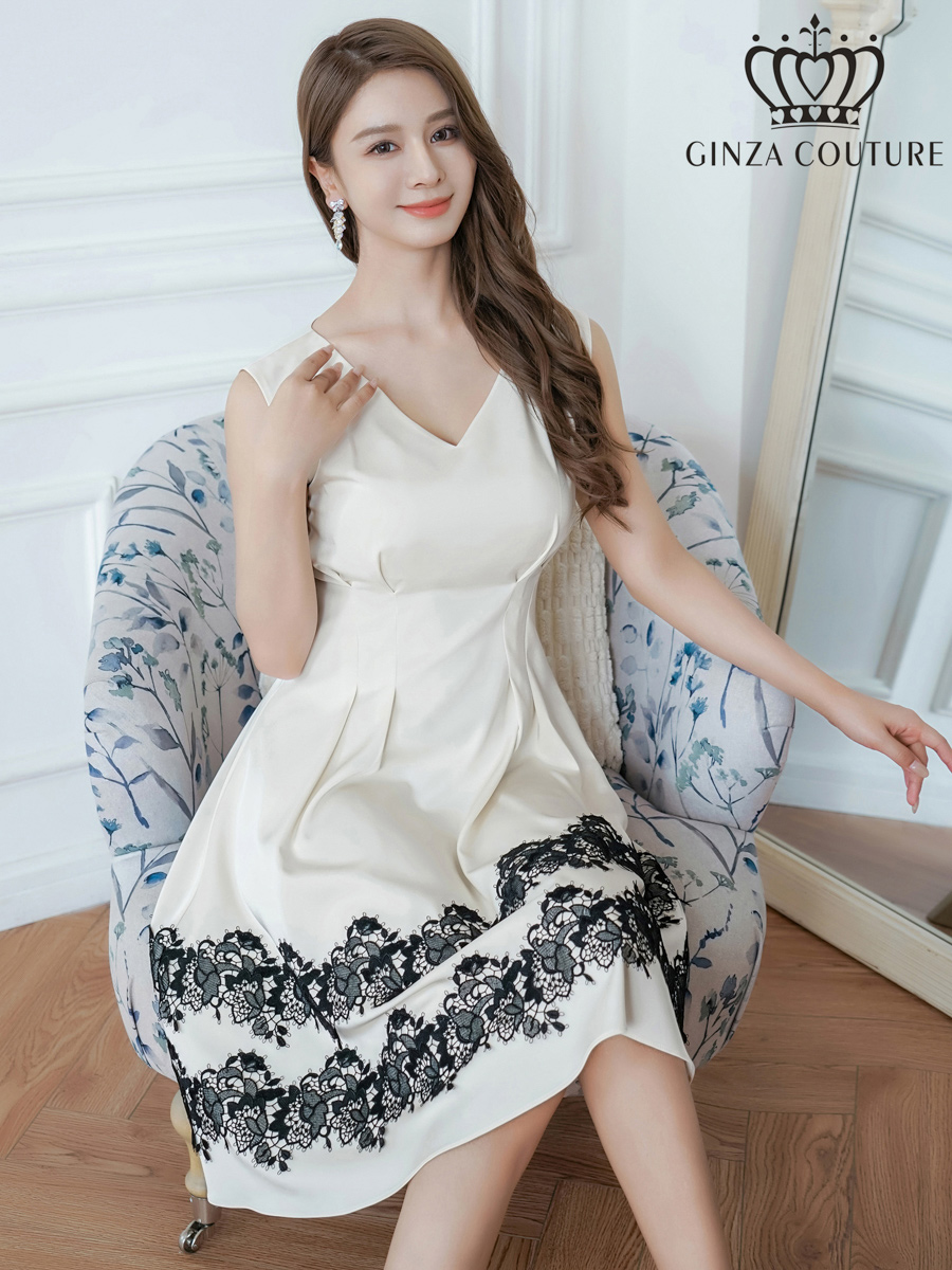 ERUKEI エルケイ ホワイト ノースリーブ・Vネック・タック・サテン・裾レース・Aライン・ミディアムドレス・ワンピース ek-c24042