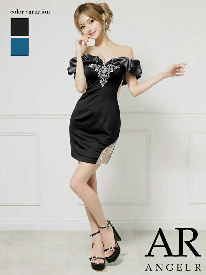 AngelR エンジェルアール オフショルダーサテンビジューメッシュタイトミニドレス ar25840-ks