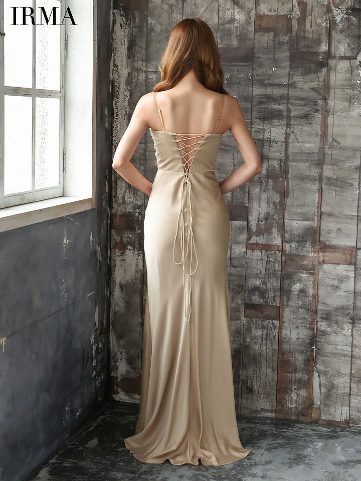 IRMA イルマ シアー/ビジュー/刺繍/アシンメトリー/スリット入り/タイト ロングドレス ir41646