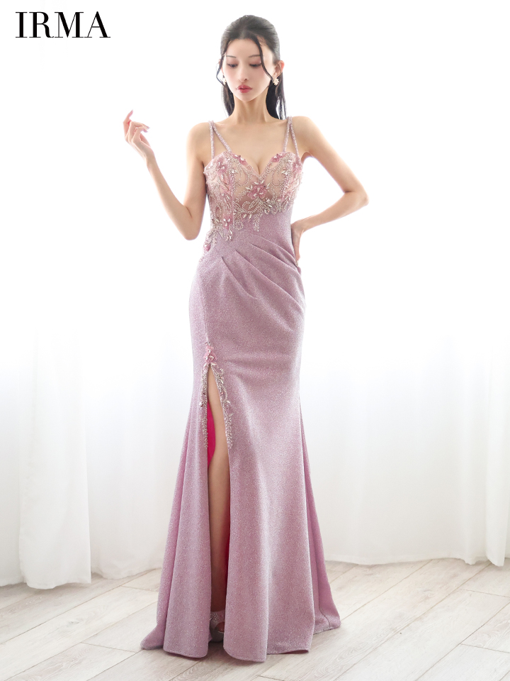 IRMA イルマ 花柄刺繍/ショルダーラメリボン/メッシュ/スリット入り/タイト ロングドレス 【リボン取り外し可能】 ir51839