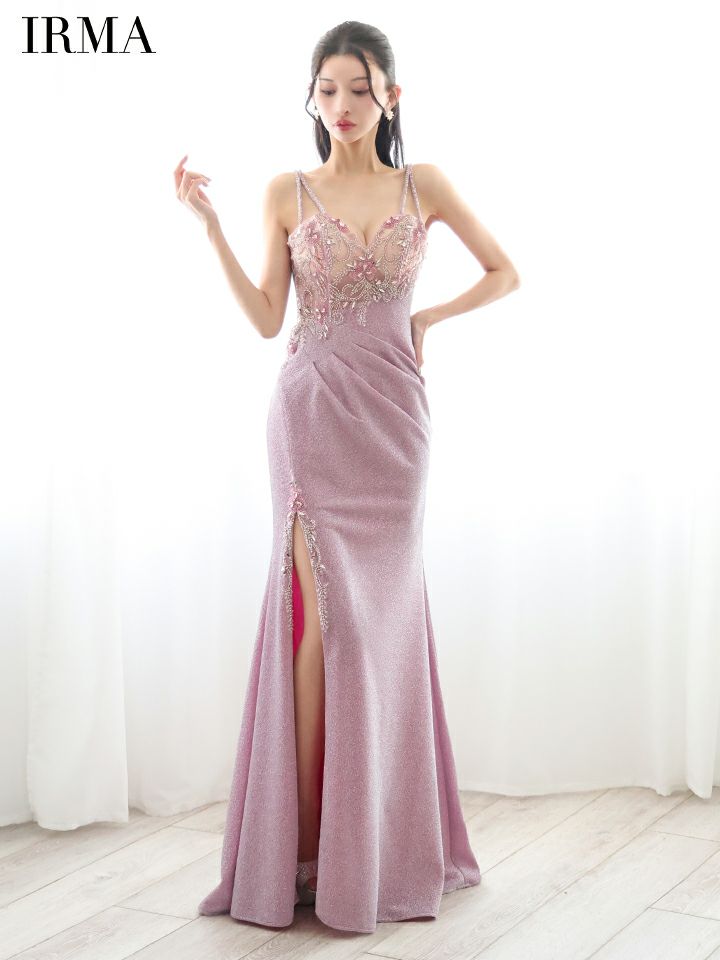 IRMA イルマ 花柄刺繍/ショルダーラメリボン/メッシュ/スリット入り/タイト ロングドレス 【リボン取り外し可能】 ir51839