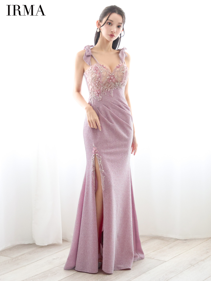 IRMA イルマ 花柄刺繍/ショルダーラメリボン/メッシュ/スリット入り/タイト ロングドレス 【リボン取り外し可能】 ir51839