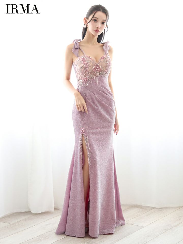 IRMA イルマ 花柄刺繍/ショルダーラメリボン/メッシュ/スリット入り/タイト ロングドレス 【リボン取り外し可能】 ir51839