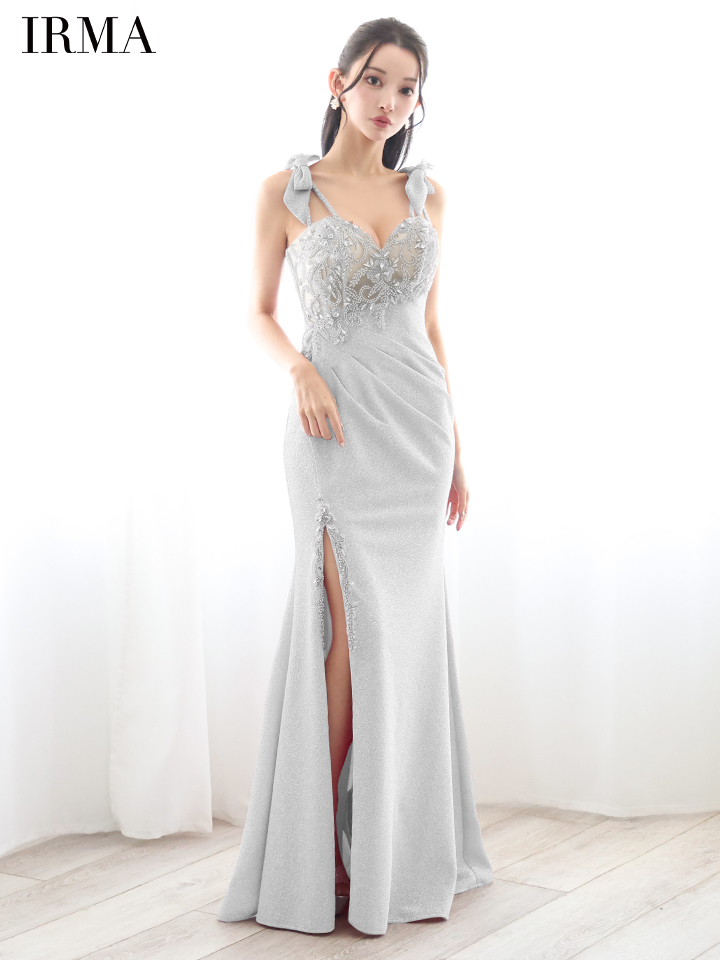 IRMA イルマ 花柄刺繍/ショルダーラメリボン/メッシュ/スリット入り/タイト ロングドレス 【リボン取り外し可能】 ir51839