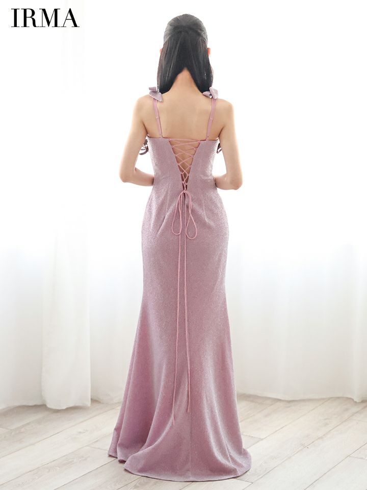 IRMA イルマ 花柄刺繍/ショルダーラメリボン/メッシュ/スリット入り/タイト ロングドレス 【リボン取り外し可能】 ir51839