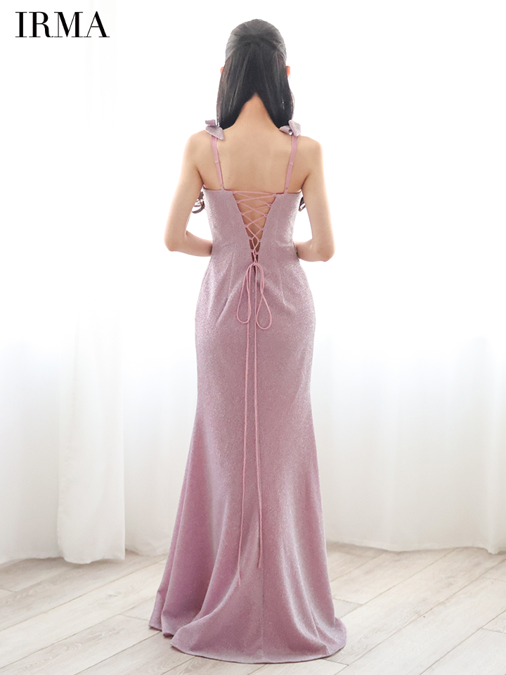 IRMA イルマ 花柄刺繍/ショルダーラメリボン/メッシュ/スリット入り/タイト ロングドレス 【リボン取り外し可能】 ir51839