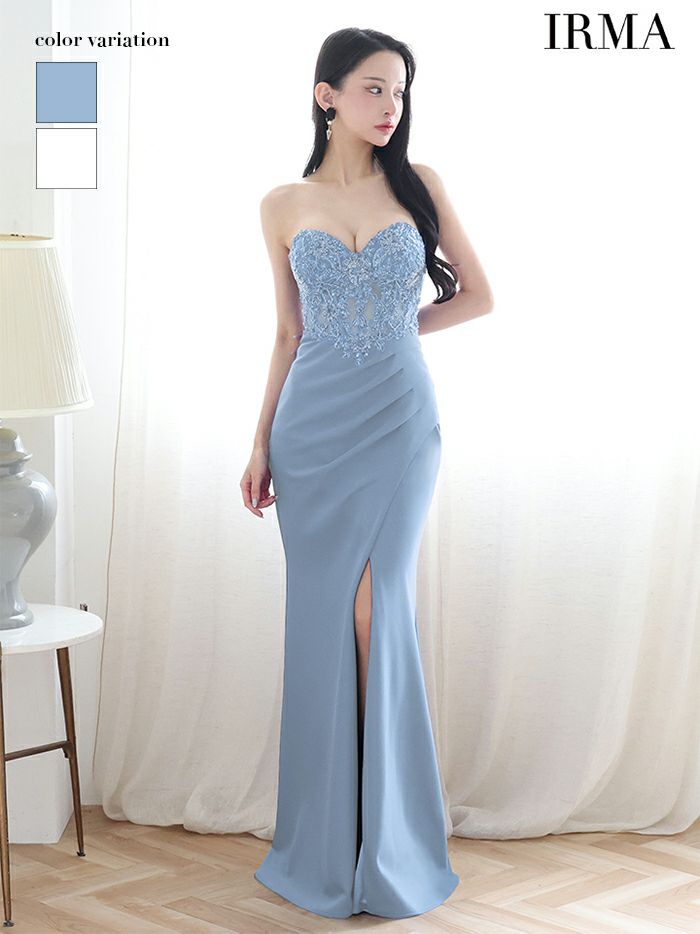 IRMA イルマ ワンカラー/ショールチョーカー付き/2way/刺繍/スリット入り/タイト ロングドレス ir51899