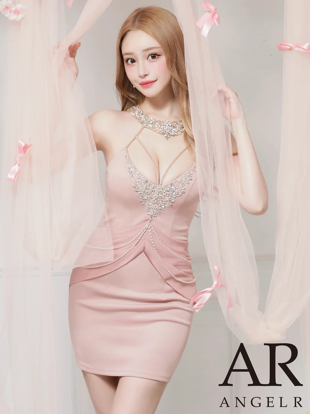 AngelR エンジェルアール ホルターネックビジューシフォンドレープパールチェーンタイトマイクロミニドレス ar25230