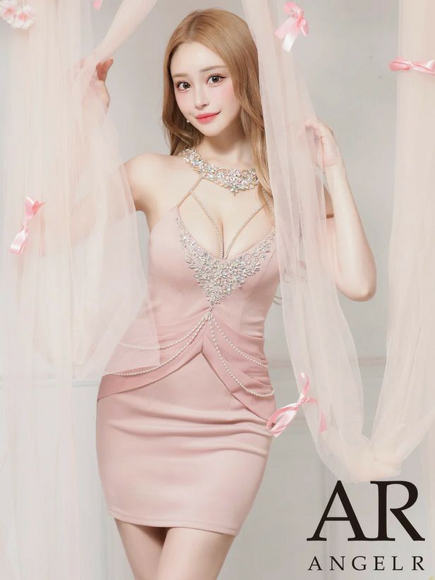 AngelR エンジェルアール ホルターネックビジューシフォンドレープパールチェーンタイトマイクロミニドレス ar25230