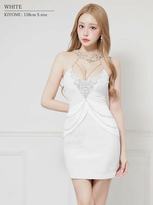 AngelR エンジェルアール ホルターネックビジューシフォンドレープパールチェーンタイトマイクロミニドレス ar25230