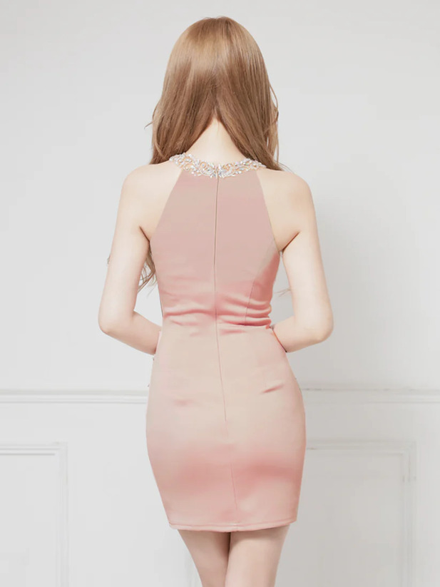 AngelR エンジェルアール ホルターネックビジューシフォンドレープパールチェーンタイトマイクロミニドレス ar25230