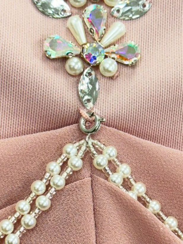 AngelR エンジェルアール ホルターネックビジューシフォンドレープパールチェーンタイトマイクロミニドレス ar25230