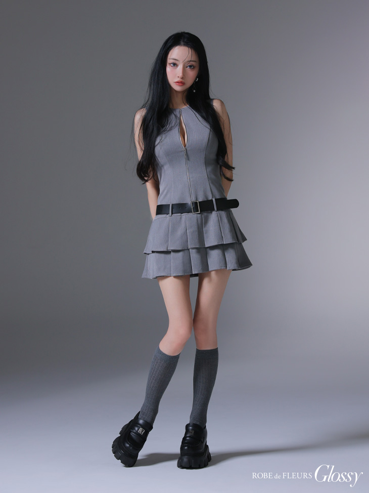 Glossy ローブドフルールグロッシー ベルト付きノースリーブセンタージップフレアミニキャバドレス gl4307-c