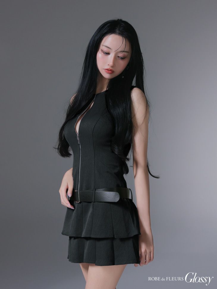 Glossy ローブドフルールグロッシー ベルト付きノースリーブセンタージップフレアミニキャバドレス gl4307-c