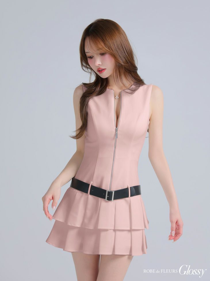 Glossy ローブドフルールグロッシー ベルト付きノースリーブセンタージップフレアミニキャバドレス gl4307-c