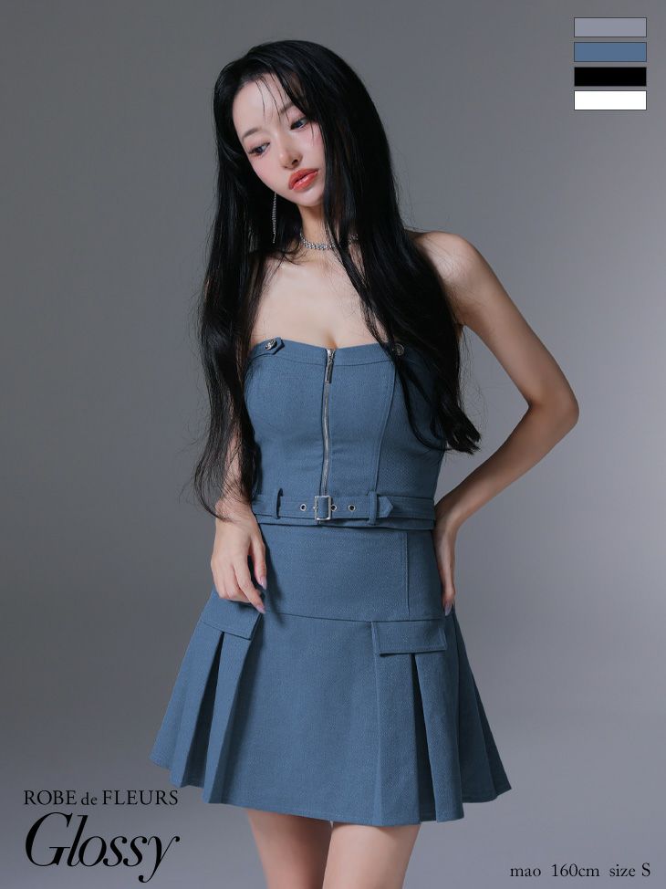 Glossy ローブドフルールグロッシー センタージップベルトセットアッププリーツミニキャバドレス gl3943-c