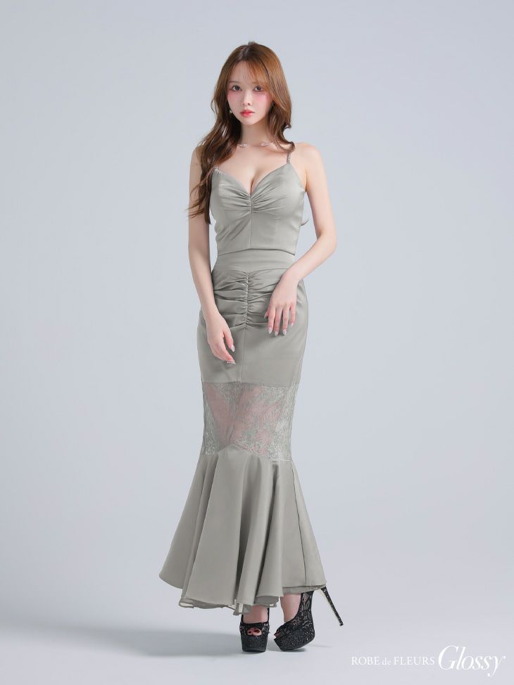 Glossy ローブドフルールグロッシー サテンレースマーメイドセットアップロングキャバドレス gl4110