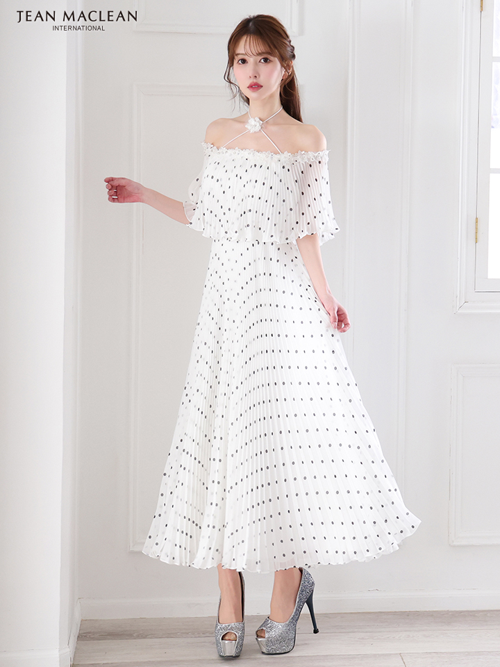 JEAN MACLEAN ジャンマクレーン オフショル/ドット柄/モノトーン/ローズコサージュチョーカー付き/3way/マキシ/フレア/ミディアムドレス ワンピース ja51854-c