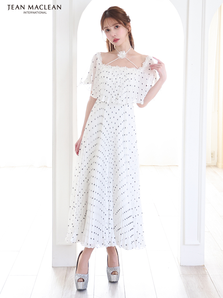 JEAN MACLEAN ジャンマクレーン オフショル/ドット柄/モノトーン/ローズコサージュチョーカー付き/3way/マキシ/フレア/ミディアムドレス ワンピース ja51854-c