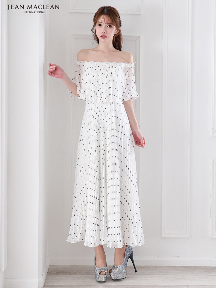 JEAN MACLEAN ジャンマクレーン オフショル/ドット柄/モノトーン/ローズコサージュチョーカー付き/3way/マキシ/フレア/ミディアムドレス ワンピース ja51854-c