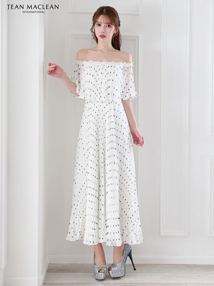 JEAN MACLEAN ジャンマクレーン オフショル/ドット柄/モノトーン/ローズコサージュチョーカー付き/3way/マキシ/フレア/ミディアムドレス ワンピース ja51854-c