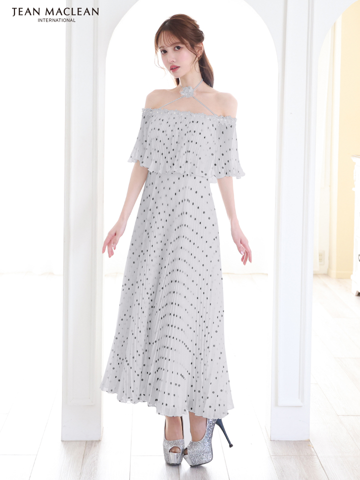 JEAN MACLEAN ジャンマクレーン オフショル/ドット柄/モノトーン/ローズコサージュチョーカー付き/3way/マキシ/フレア/ミディアムドレス ワンピース ja51854-c