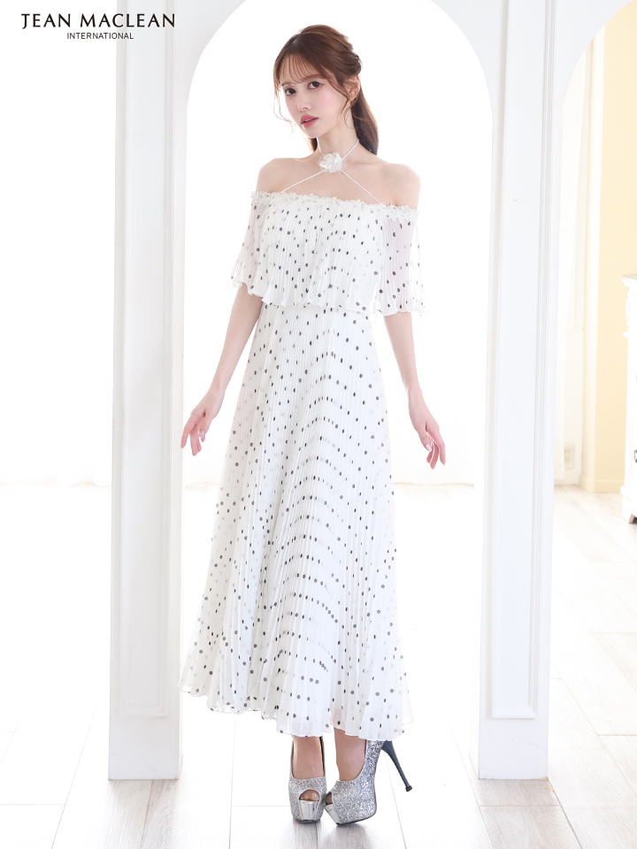JEAN MACLEAN ジャンマクレーン オフショル/ドット柄/モノトーン/ローズコサージュチョーカー付き/3way/マキシ/フレア/ミディアムドレス ワンピース ja51854-c