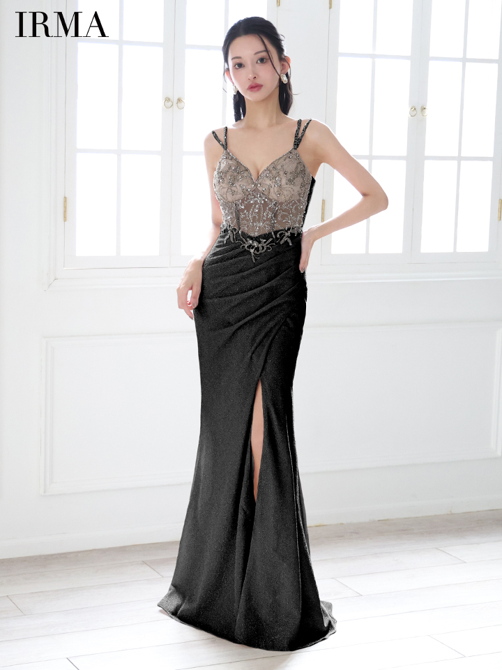 IRMA イルマ ビジュー/ヌードベース/スパンコール刺繍/変形スリット/タイト ロングドレス ir51857-c