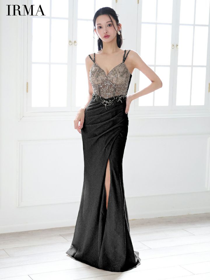 IRMA イルマ ビジュー/ヌードベース/スパンコール刺繍/変形スリット/タイト ロングドレス ir51857-c