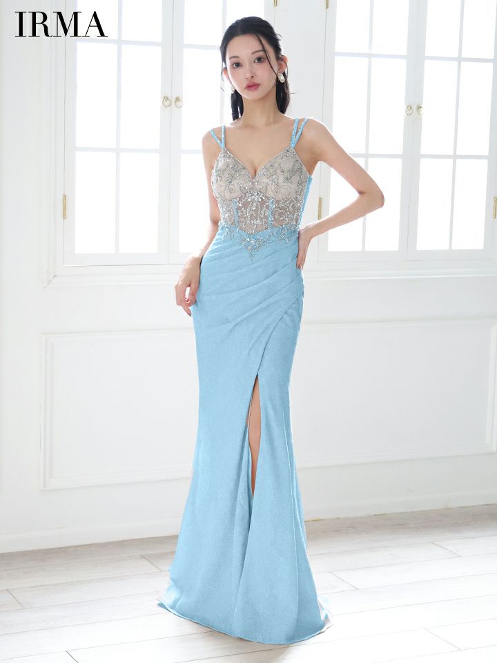 IRMA イルマ ビジュー/ヌードベース/スパンコール刺繍/変形スリット/タイト ロングドレス ir51857-c