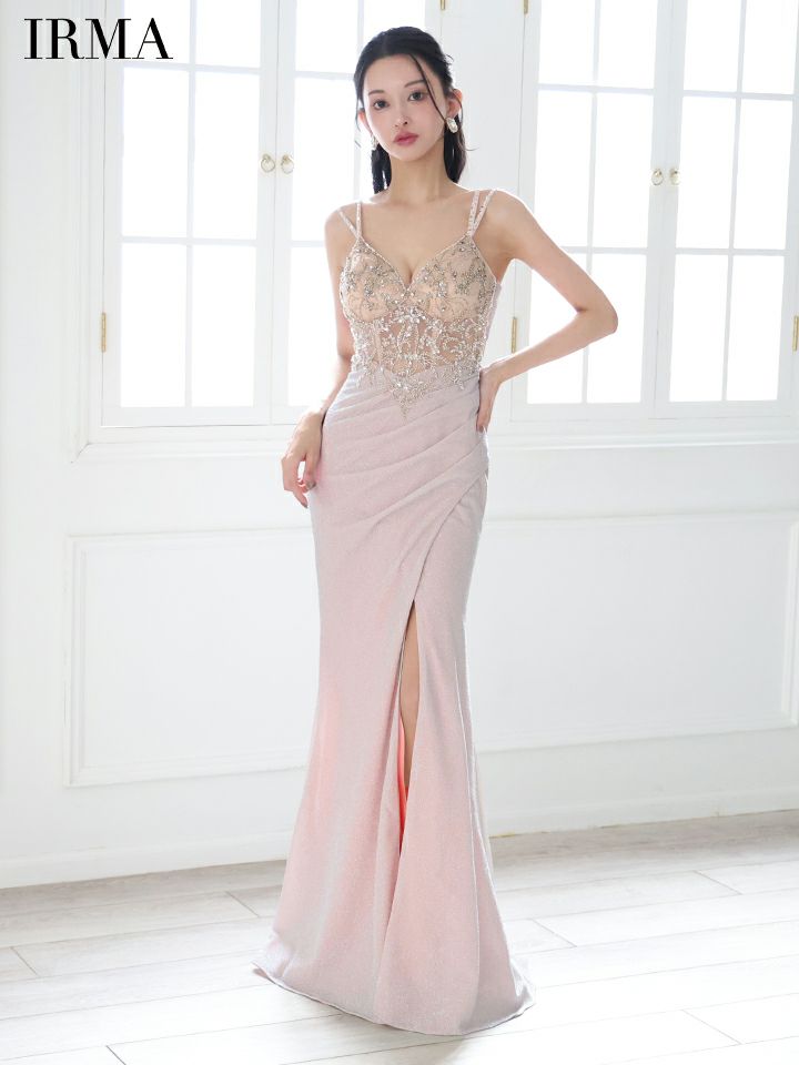 IRMA イルマ ビジュー/ヌードベース/スパンコール刺繍/変形スリット/タイト ロングドレス ir51857-c