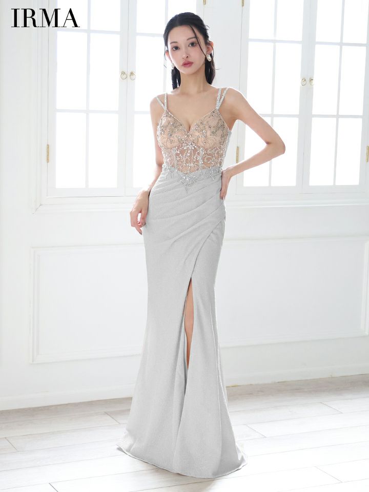 IRMA イルマ ビジュー/ヌードベース/スパンコール刺繍/変形スリット/タイト ロングドレス ir51857-c