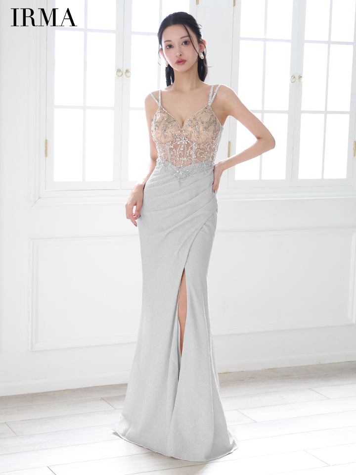IRMA イルマ ビジュー/ヌードベース/スパンコール刺繍/変形スリット/タイト ロングドレス ir51857-c