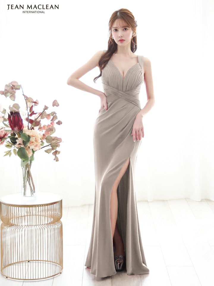 JEAN MACLEAN ジャンマクレーン ワンカラー/ラメニット/ウエストクロス/スリット入り/タイト/ロングドレス ja51861-c
