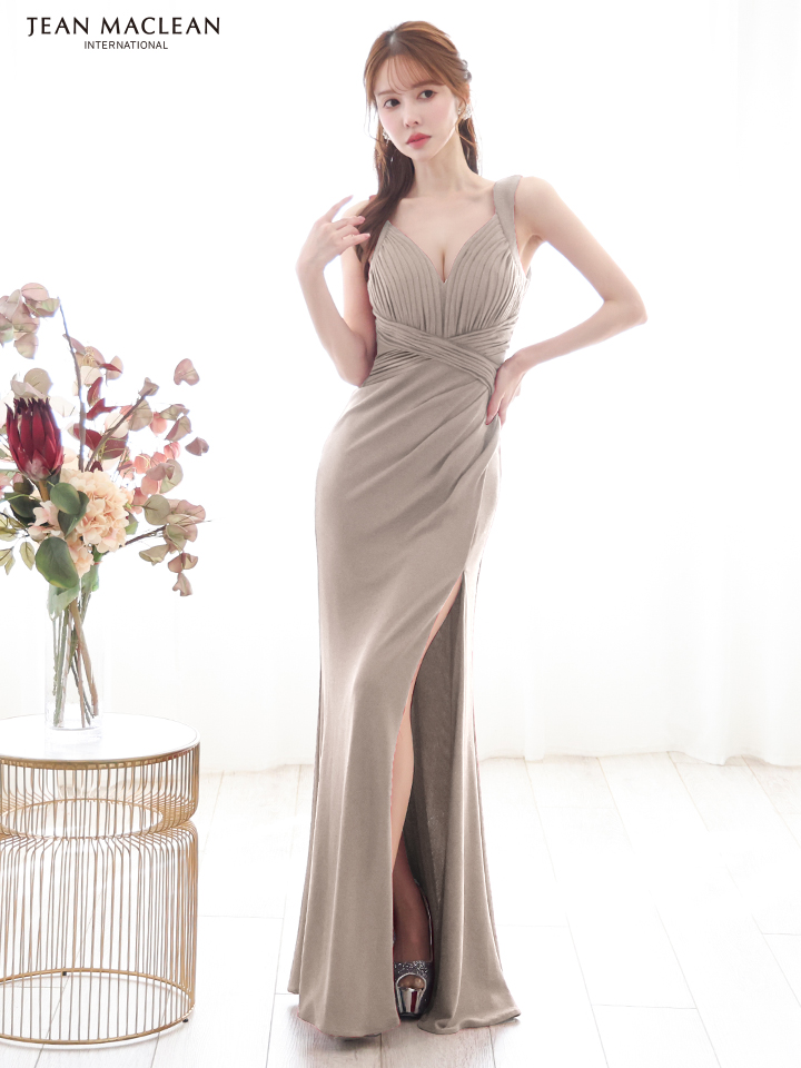 JEAN MACLEAN ジャンマクレーン ワンカラー/ラメニット/ウエストクロス/スリット入り/タイト/ロングドレス ja51861-c